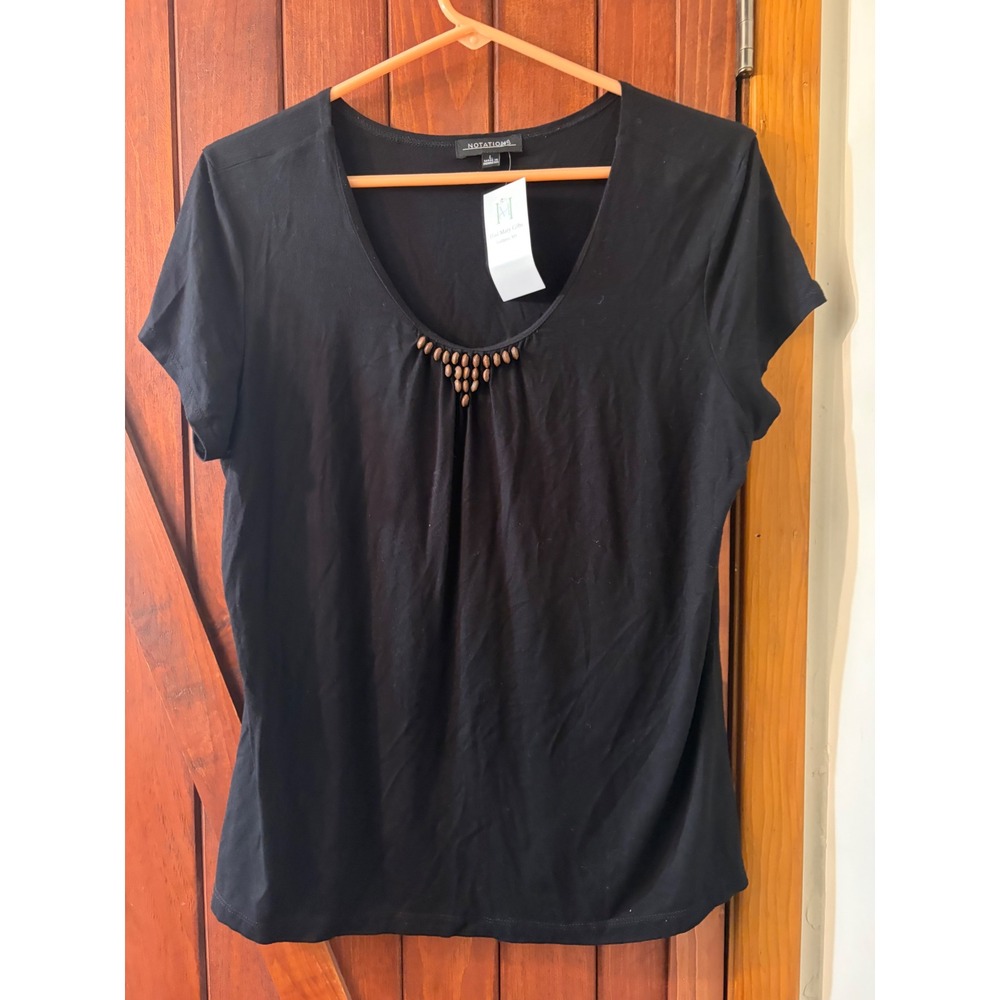 Notations Womens Black Short Sleeve Scoop Neck Beaded Bib Blouse Top Large NWT